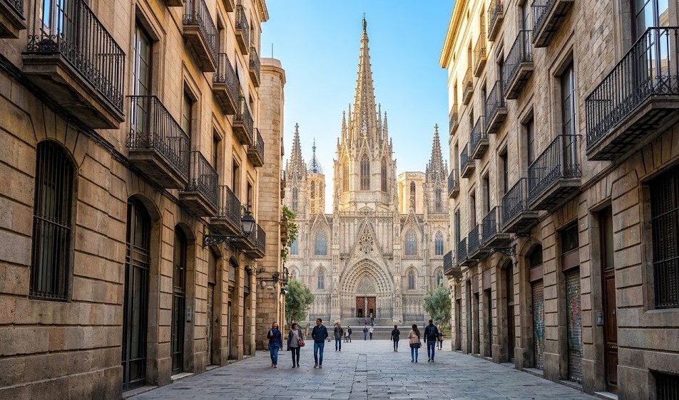 Vistas de las estrechas calles, arquitectura gótica y el centro histórico del Barri Vell de Barcelona